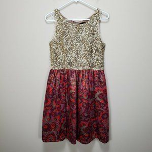 Anthropologie‎ WREN Dress Sz M Gold Sequin Jacquard Metallic Floral Fit & Flare